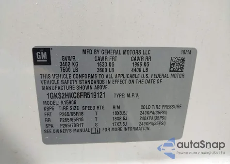 2015 GMC Yukon Xl 1500 Slt из США, поврежденный, VIN 1GKS2HKC6FR519121